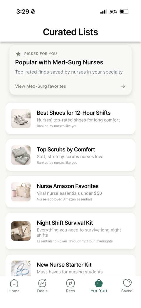 Mobile app screen showing curated shopping lists for nurses, including popular items like shoes, scrubs, and survival kits
