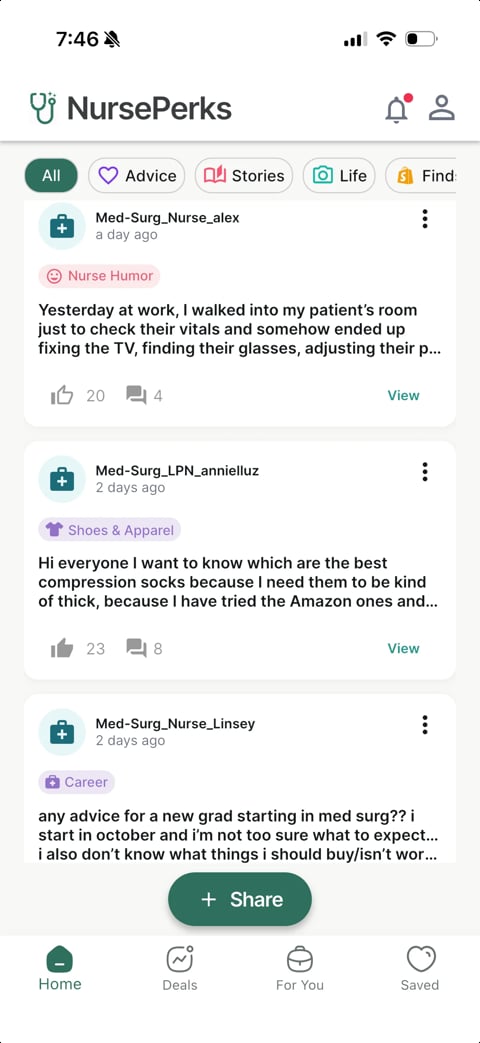 NursePerks mobile app showing the All tab with nursing community posts about workplace humor, compression socks, and medical surgery career advice