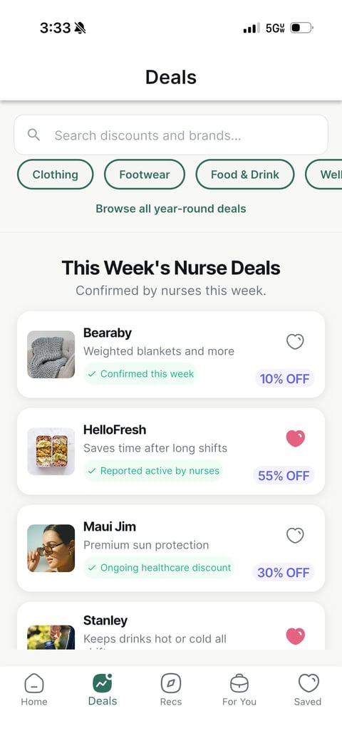 Mobile app showing This Weeks Nurse Deals with offers from Bearaby, HelloFresh, Maui Jim, and Stanley with discount percentages