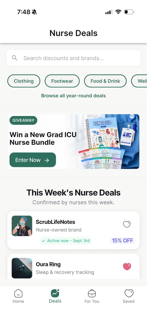 Nurse Deals app showing discounts by category, a giveaway for ICU nurse bundle, and current deals from ScrubLifeNotes and Oura Ring