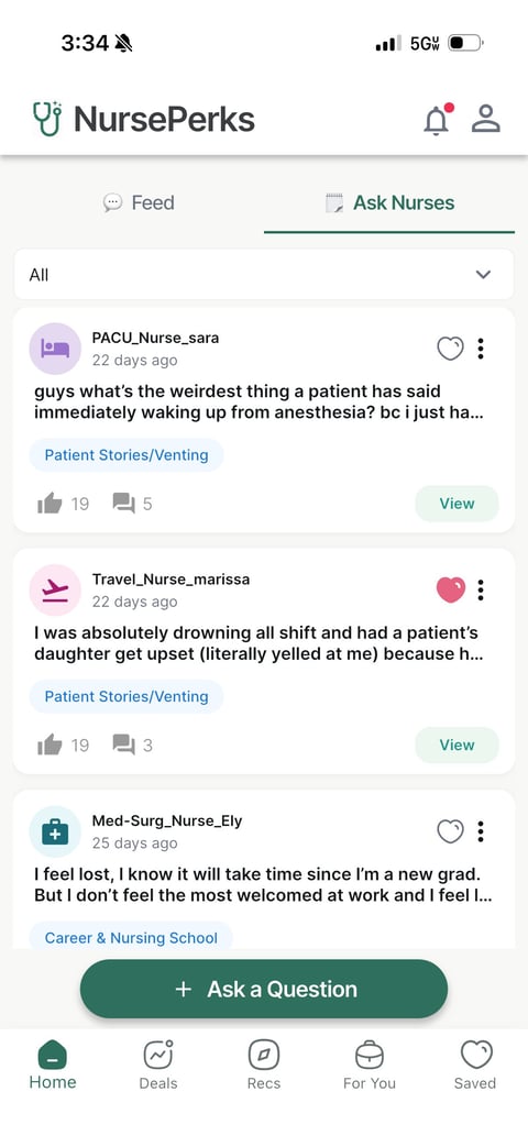 NursePerks app showing Ask Nurses feed with posts from healthcare professionals sharing stories and questions