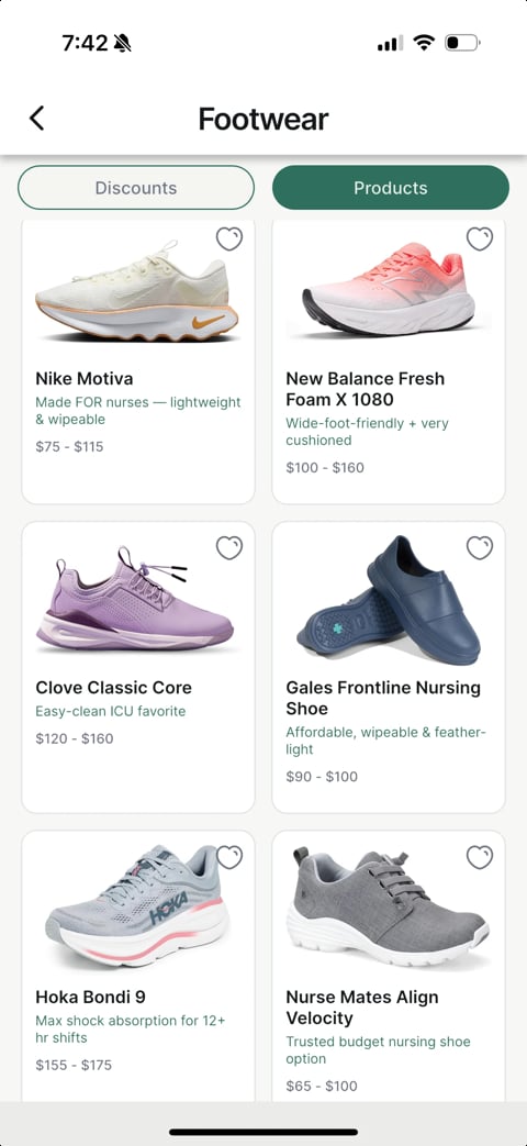 Footwear shopping app displaying product listings with Nike, New Balance, Clove, Gales, Hoka, and Nurse Mates shoes with prices and descriptions