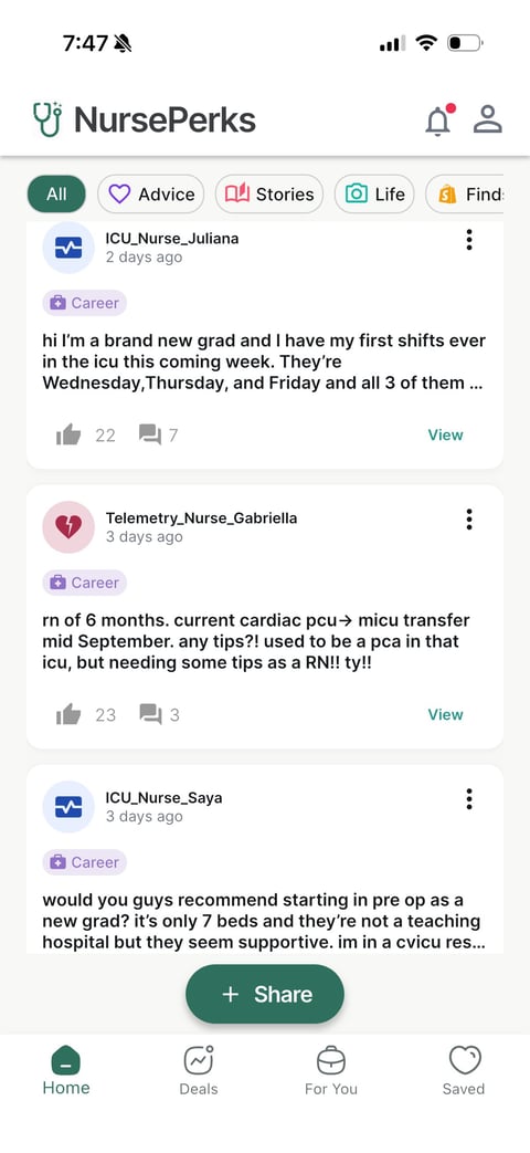 NursePerks mobile app showing career advice posts from nurses discussing first shifts and job transitions